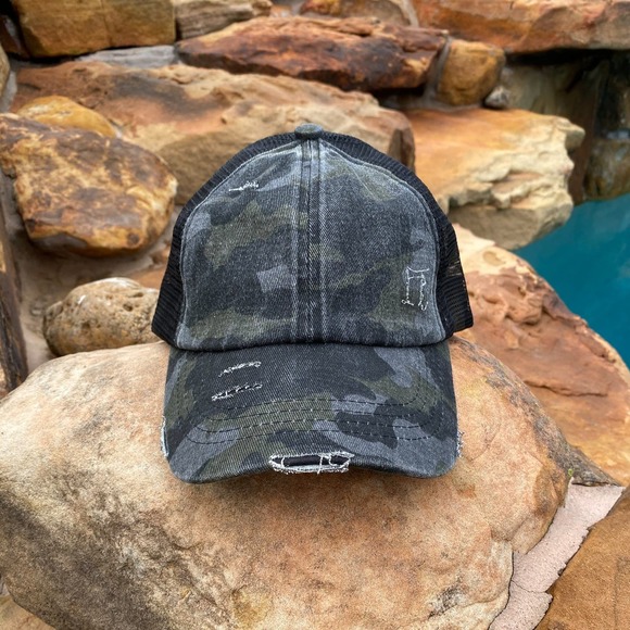 Distressed BLACK Camo Criss-Cross High Pony Ball Cap - Picture 1 of 9